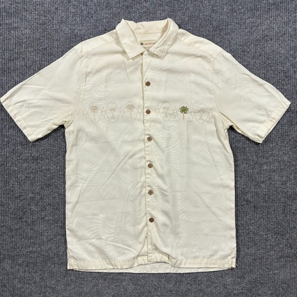 Havana Jacks Cafe Mens Button Up Hawaiian Shirt‎ Size Medium Beige Embroidered